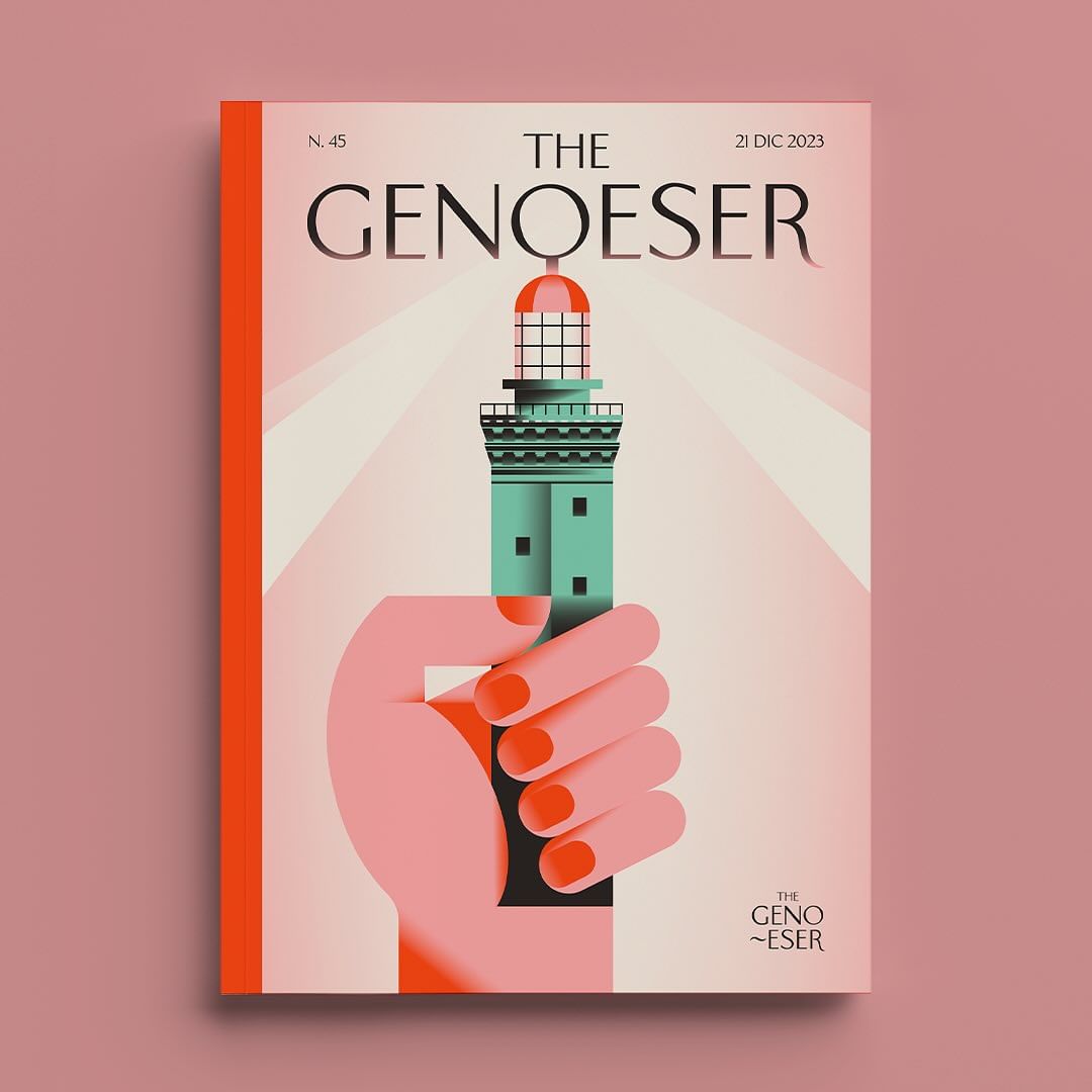 Magazine cover features an illustration of a hand holding a lighthouse against a gradient pink backdrop, with 'The Genoeser' text.