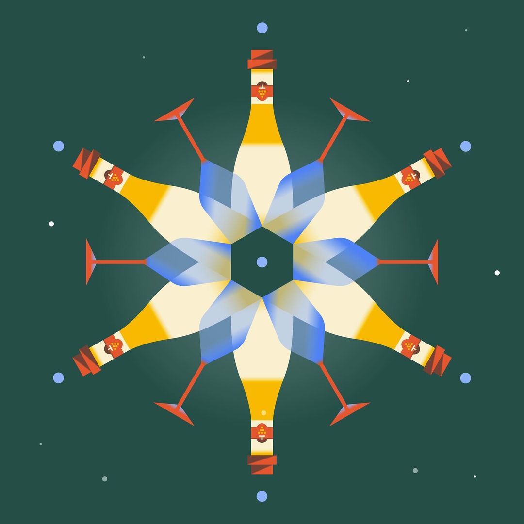 Stylized snowflake graphic featuring champagne bottles and glasses in a radial pattern against a dark green background.