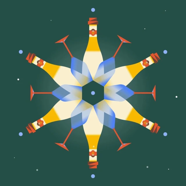 Stylized snowflake graphic featuring champagne bottles and glasses in a radial pattern against a dark green background.