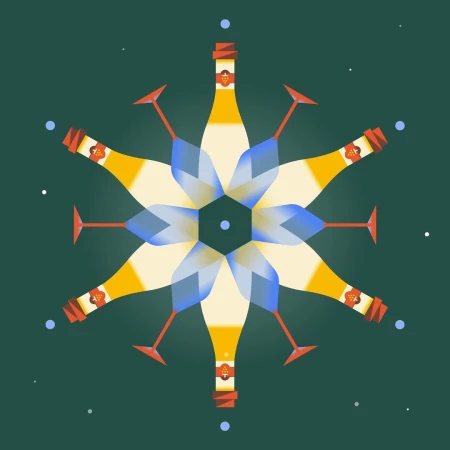 Stylized snowflake graphic featuring champagne bottles and glasses in a radial pattern against a dark green background.