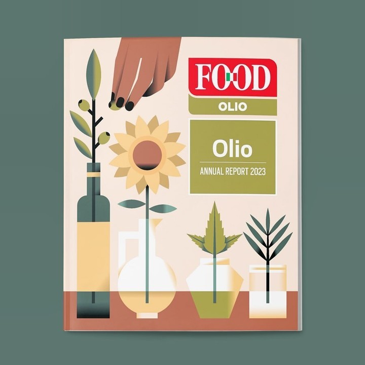 Annual report cover featuring graphic illustrations of plants, a hand, and text reading FOOD OLIO ANNUAL REPORT 2023, set against a muted green backdrop.