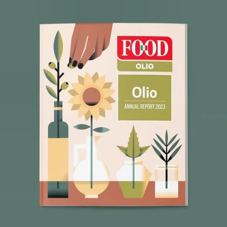 Annual report cover featuring graphic illustrations of plants, a hand, and text reading FOOD OLIO ANNUAL REPORT 2023, set against a muted green backdrop.