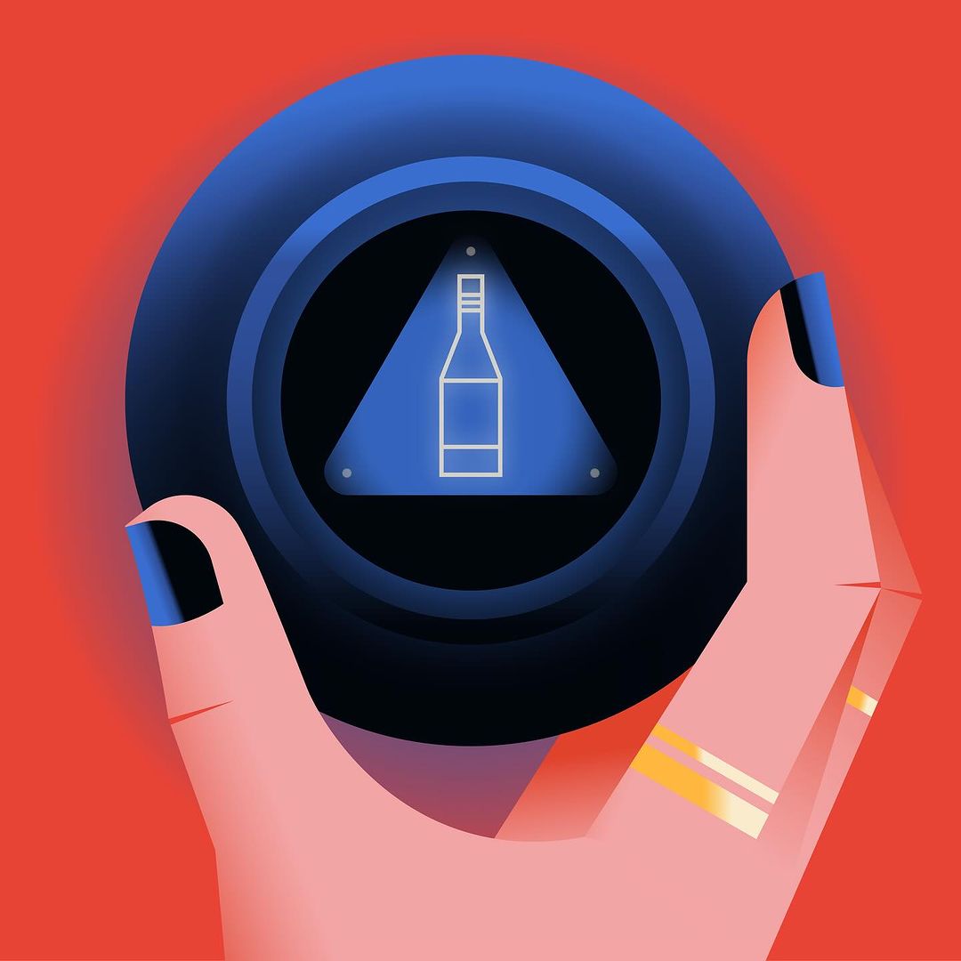 Illustration of a hand holding a dark blue ball featuring a light blue triangle and a white bottle outline inside.
