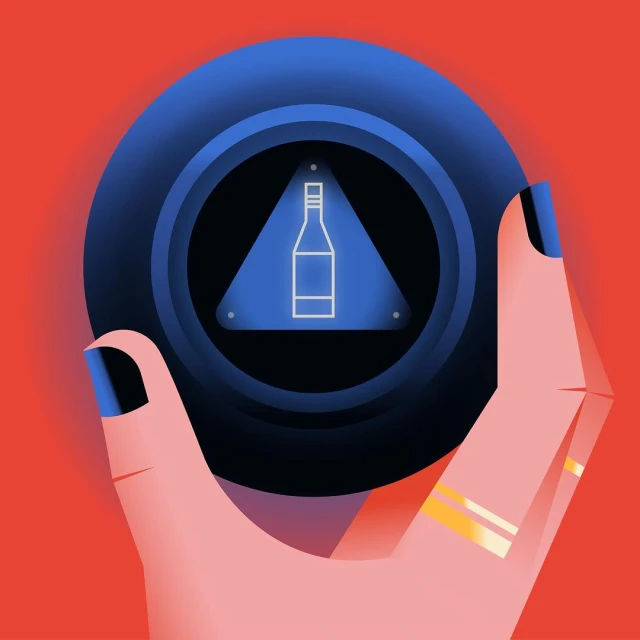 Illustration of a hand holding a dark blue ball featuring a light blue triangle and a white bottle outline inside.