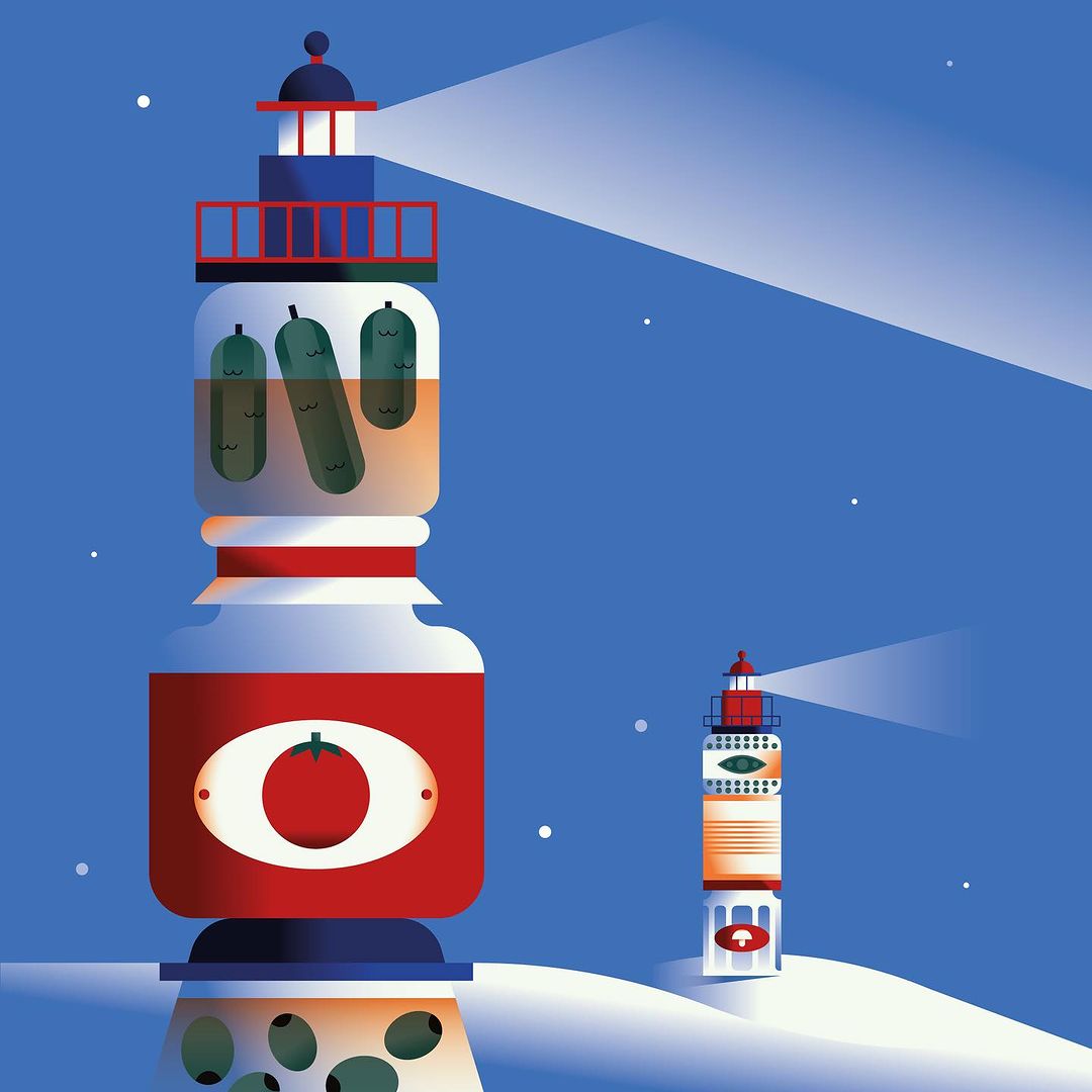 Whimsical illustration of two lighthouse structures made of food jars, against a gradient blue sky and snow-covered ground.