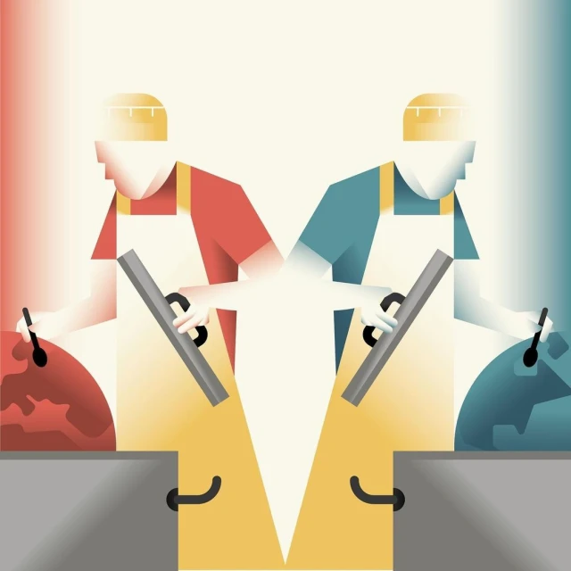 Abstract illustration of two bakers in aprons using tools and working over bowls, against a split red and blue background.