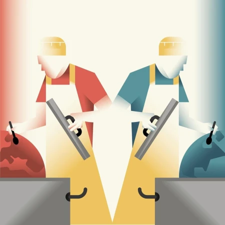 Abstract illustration of two bakers in aprons using tools and working over bowls, against a split red and blue background.