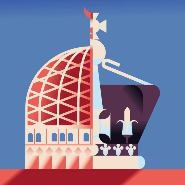 Illustration of a building combined with a crown, featuring a dome-like structure, architectural details, and royal crown elements on a blue backdrop.