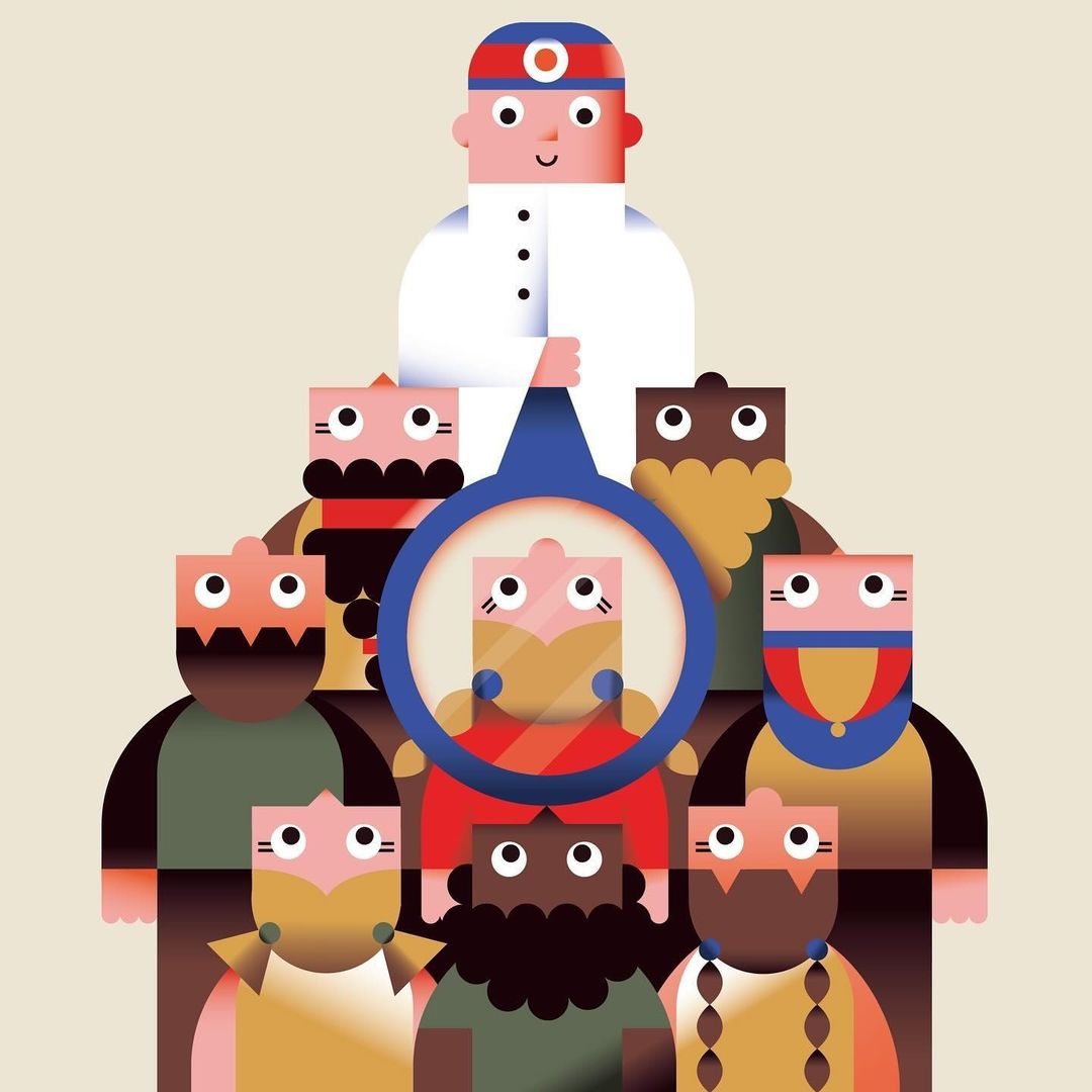 Digital illustration of diverse cartoon people stacked in a pyramid, one using a magnifying glass to highlight a person.