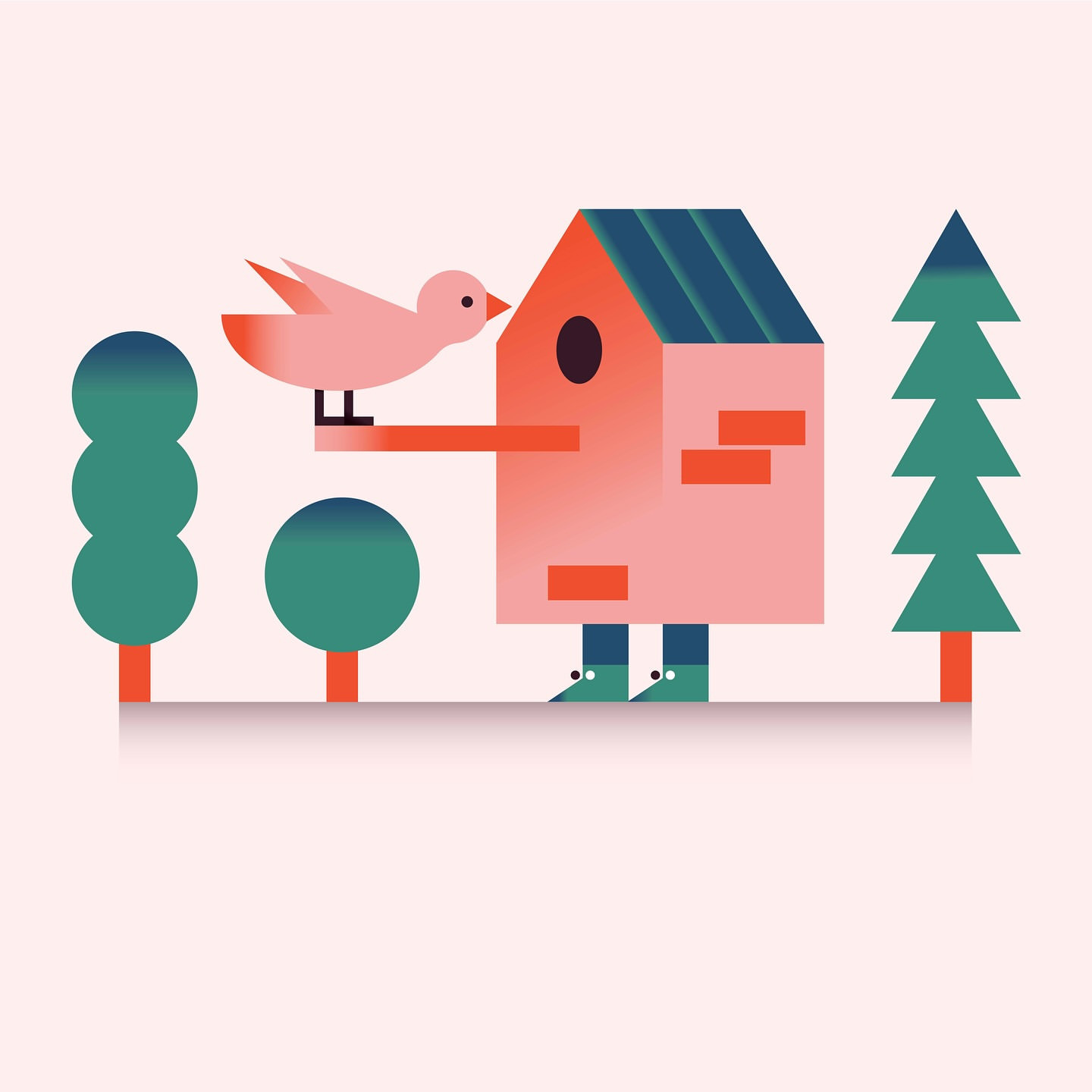 Illustration of a pink bird on the arm of a pink birdhouse with blue shingles, set against a light pink background with trees.