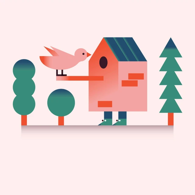 Illustration of a pink bird on the arm of a pink birdhouse with blue shingles, set against a light pink background with trees.