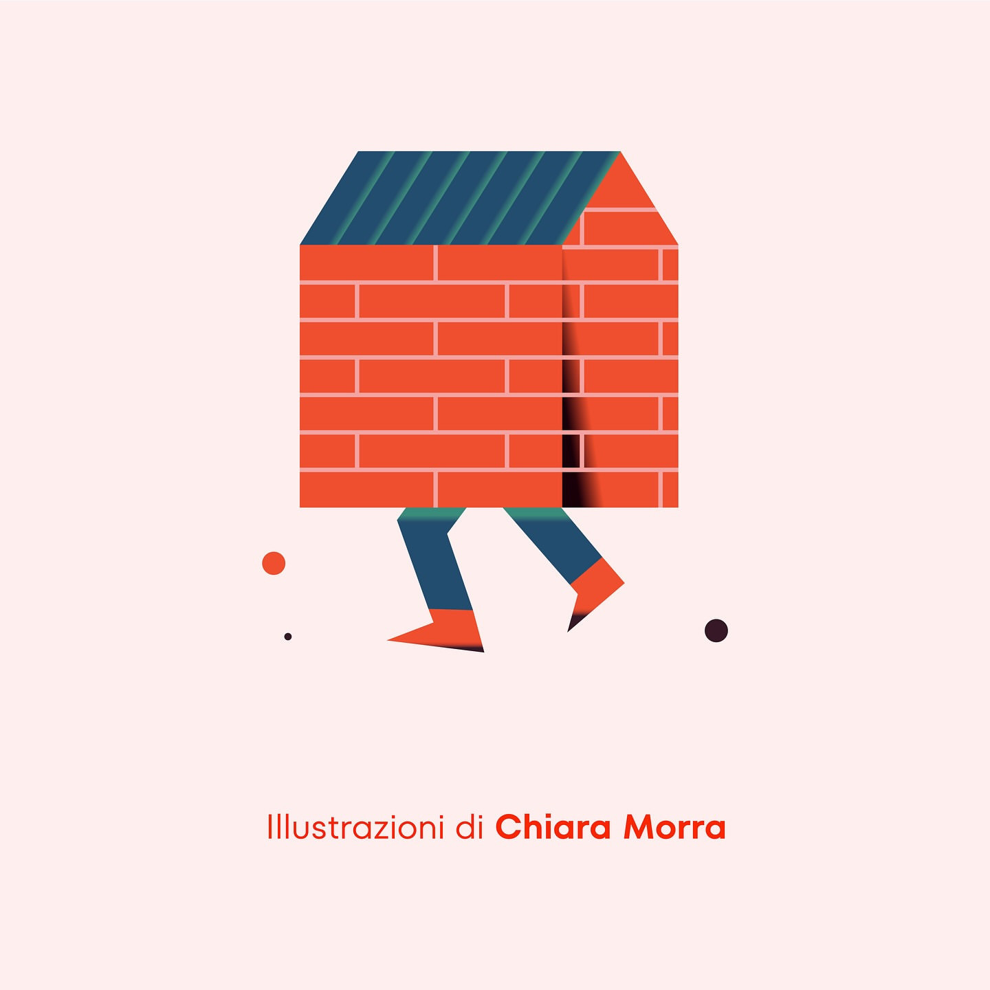 Illustration of a brick house with blue roof, walking on two legs, set against a peach-colored background with scattered dots.