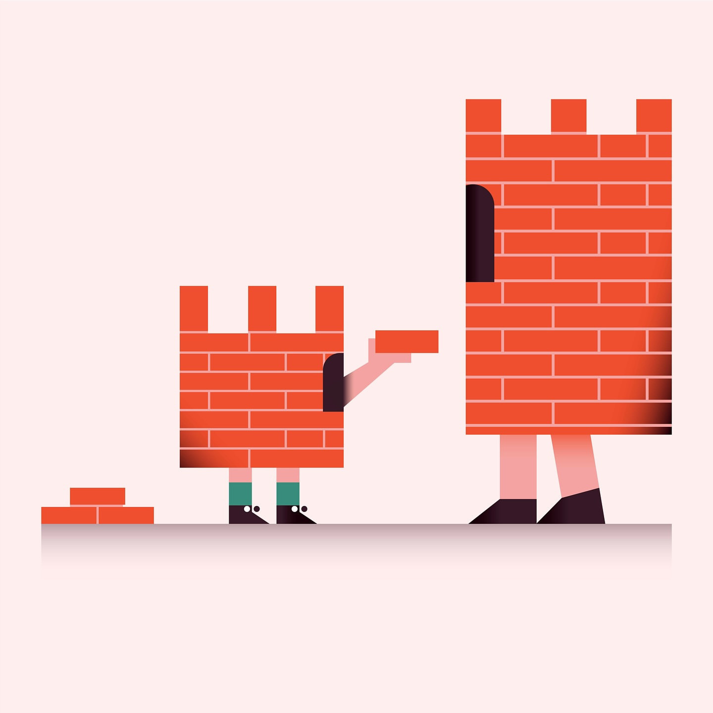 Digital illustration of two brick structures with human features; the smaller brick person hands a brick to the larger.
