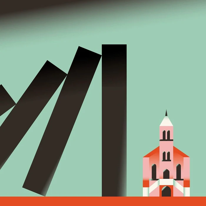 Digital illustration by Chiara Morra showing black domino blocks tipping toward a pink building on a teal and orange background