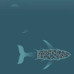 Digital illustration of a stylized fish swimming in deep water filled with colorful dots, created by Chiara Morra