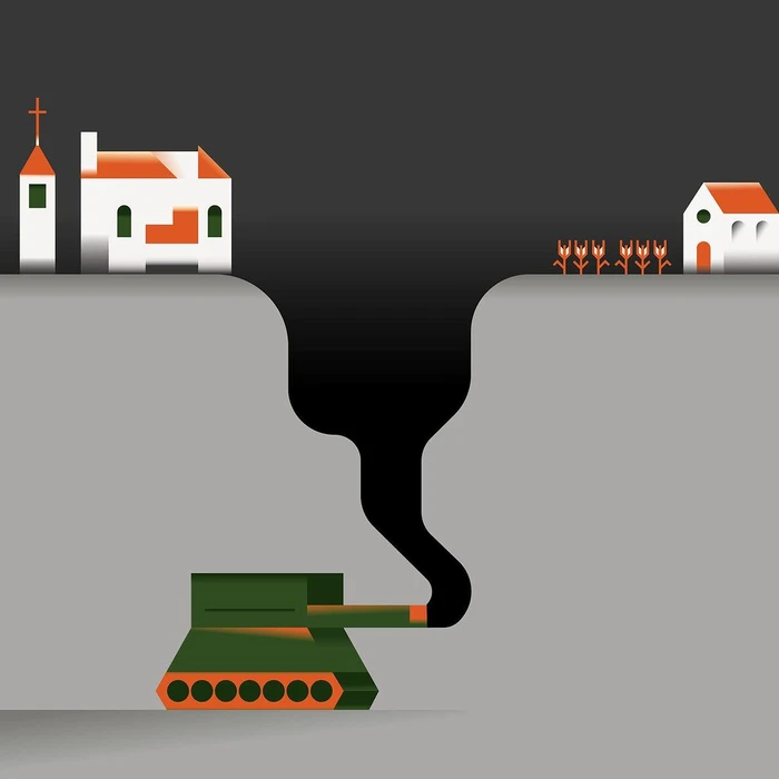 Digital illustration by Chiara Morra showing a military tank shooting black smoke upward toward houses on a cliff edge