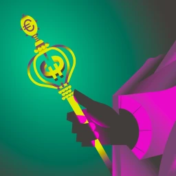 Illustration by Chiara Morra showing a hand holding a glowing yellow scepter topped with euro symbols against a green gradient background.