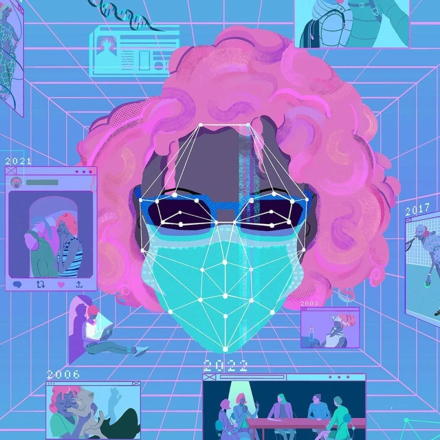 Illustration of a person with pink hair wearing a face mask and glasses, surrounded by floating social media and image windows.