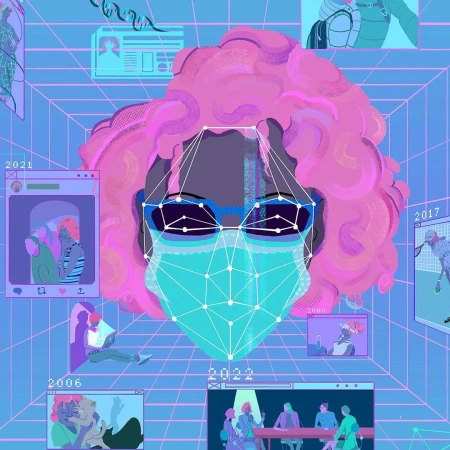 Illustration of a person with pink hair wearing a face mask and glasses, surrounded by floating social media and image windows.