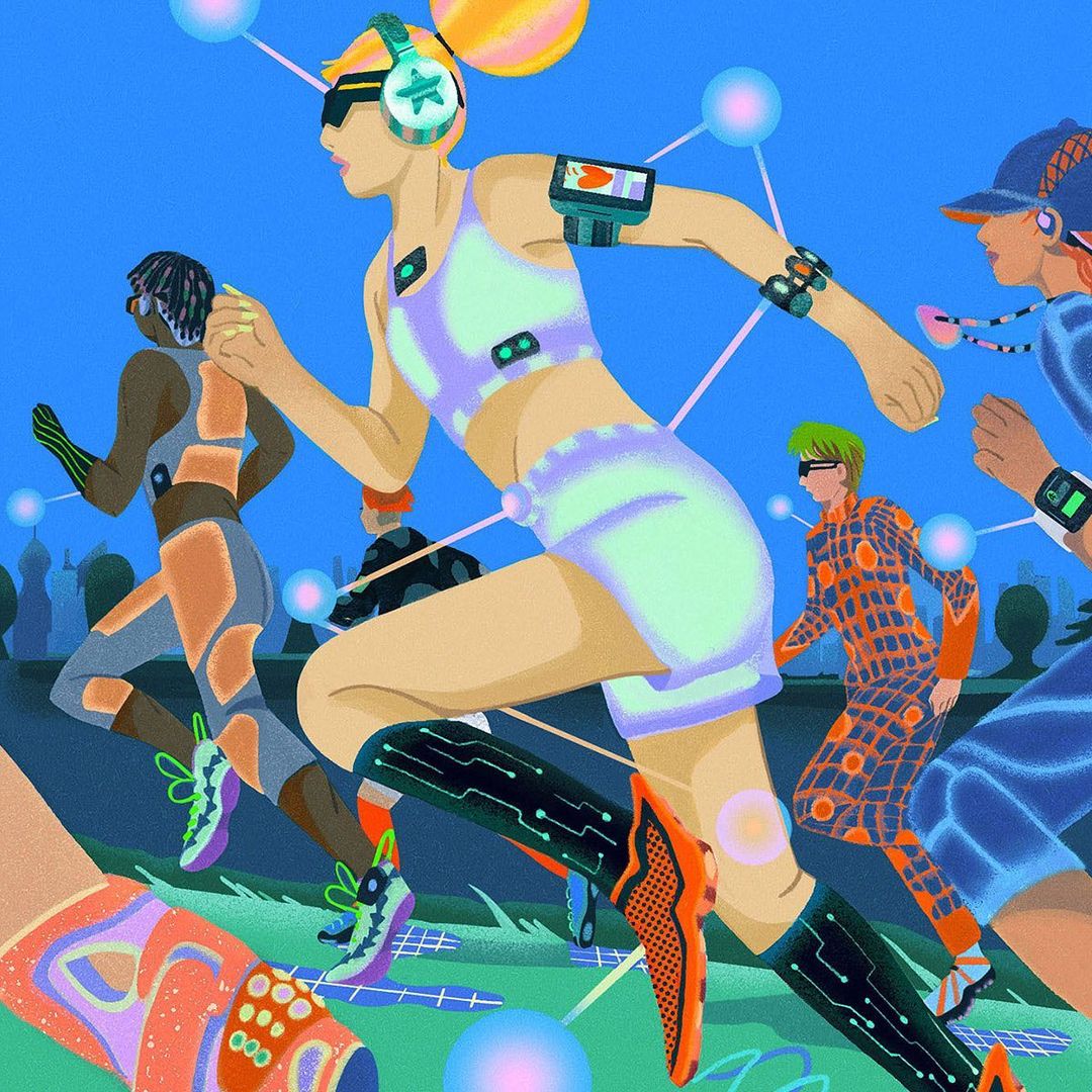 Group of runners with athletic wear and wearable tech running together in a field. Stylized digital artwork with bright colors.