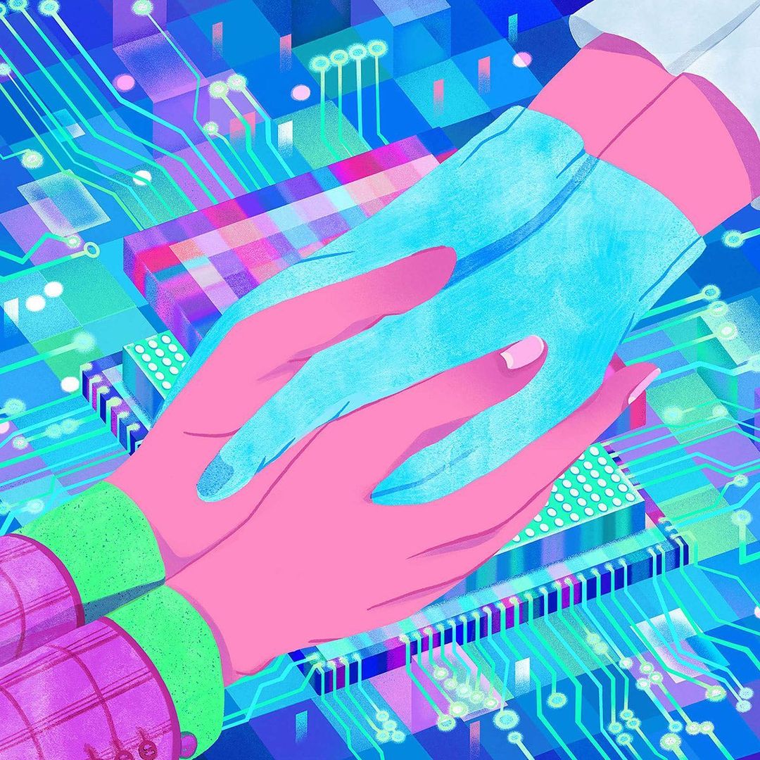 Graphic art illustration shows two hands clasped over a circuit board; artwork uses bright blues, pinks, and greens for a modern, digital feel.