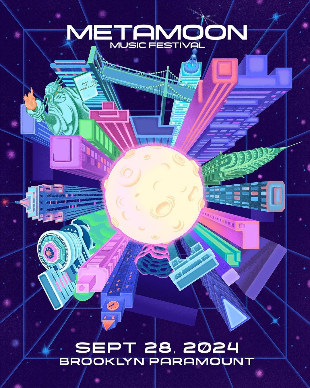 MetaMoon Music Festival poster featuring a stylized cityscape with the moon as its center and iconic landmarks like the Statue of Liberty.