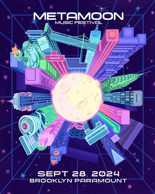 MetaMoon Music Festival poster featuring a stylized cityscape with the moon as its center and iconic landmarks like the Statue of Liberty.
