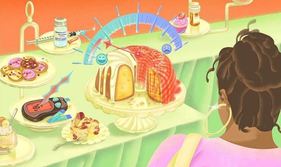 Illustration of a woman facing an array of desserts with a gauge indicating sugar levels and medical tools, suggesting diabetes management.