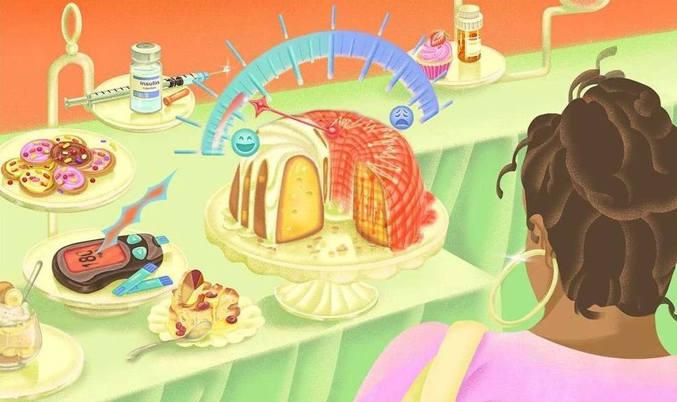 Illustration of a woman facing an array of desserts with a gauge indicating sugar levels and medical tools, suggesting diabetes management.