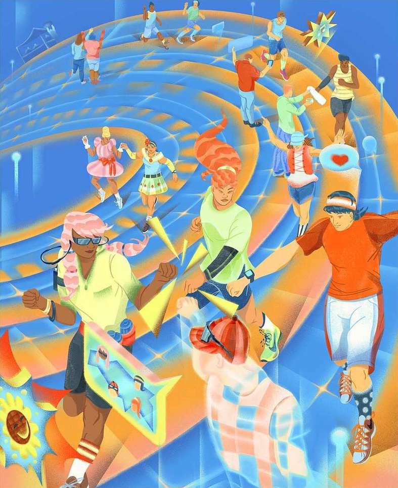 Dynamic digital art illustration features diverse individuals on a swirling track with vibrant colors and whimsical elements, showcasing an energetic and playful scene.