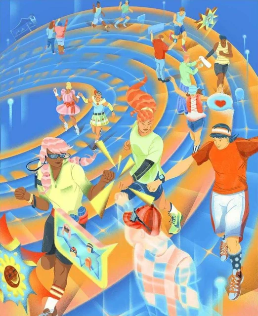 Dynamic digital art illustration features diverse individuals on a swirling track with vibrant colors and whimsical elements, showcasing an energetic and playful scene.