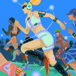 Digital illustration by Chiara Xie of multiple runners wearing futuristic fitness gear against a bright blue background