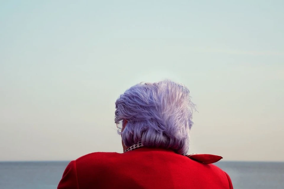 Back view of elderly woman with lavender hair in a red jacket, gazing at the ocean under a clear sky, enjoying peaceful outdoor scene.
