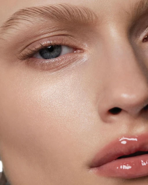 Close-up portrait of a woman's face featuring shiny lip gloss, prominent cheekbones, flawless skin, and a light complexion. Soft focus.