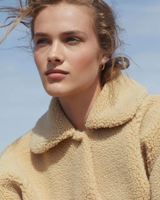 Close-up of a fair-skinned adult female model in a cream-colored fleece jacket against a light blue sky, wearing gold hoop earrings.