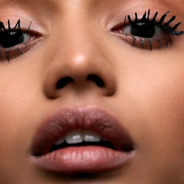 Extreme close-up of a woman's face: eyes with thick mascara, nose, and full lips, creating an intimate and detailed beauty shot.