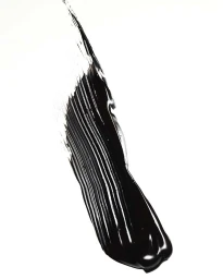 A thick vertical streak of glossy black cosmetic product swatched across a clean white background.