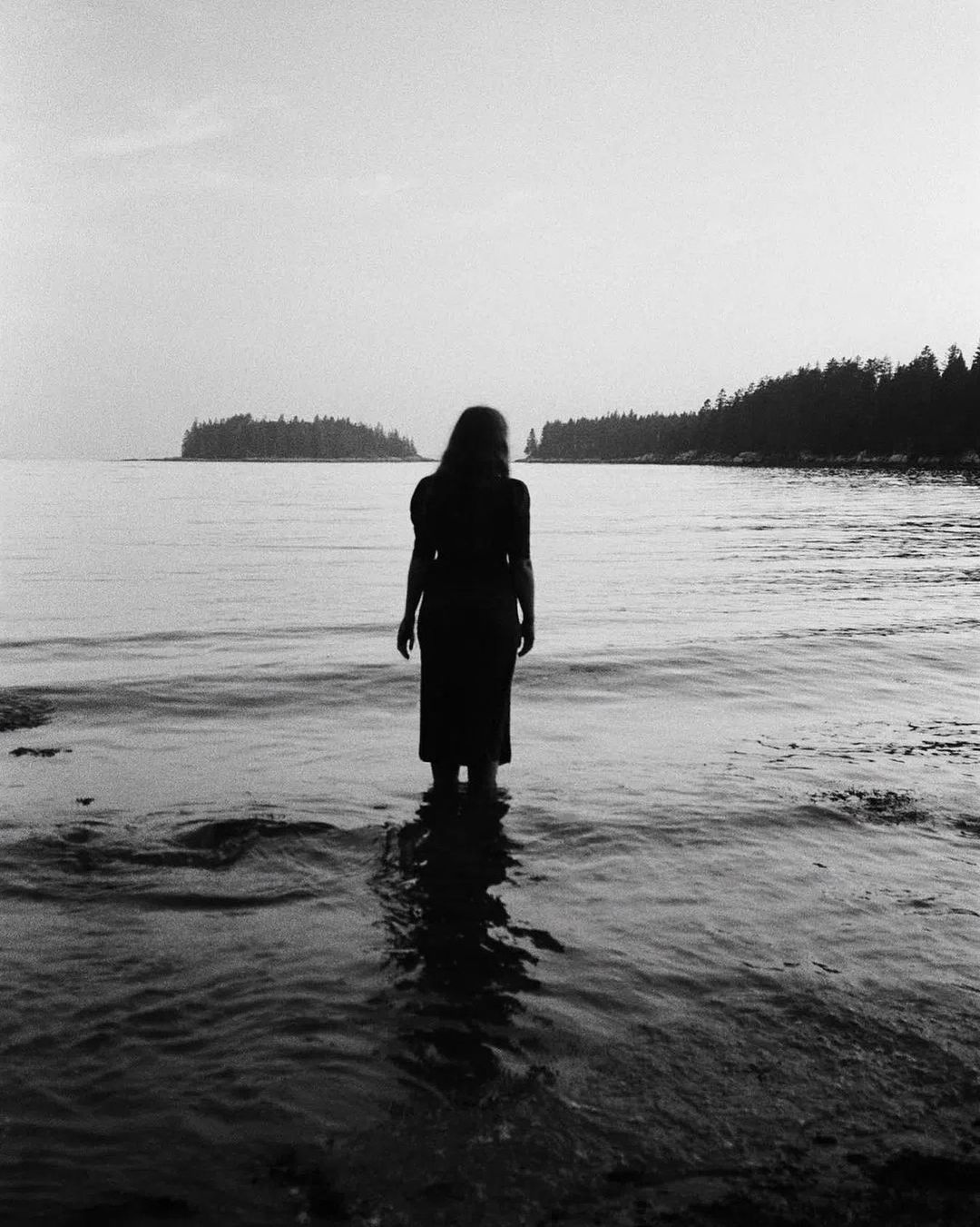 Monochromatic shot of woman in dress standing in shallow ocean water, facing away from camera, with forested islands in background.