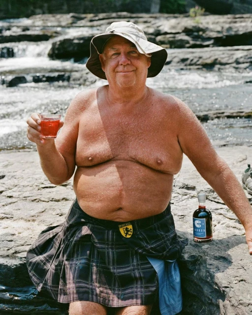 A mature man in a kilt and sun hat smiles, holding a beverage in an outdoor setting with a waterfall in the background, enjoying a drink.