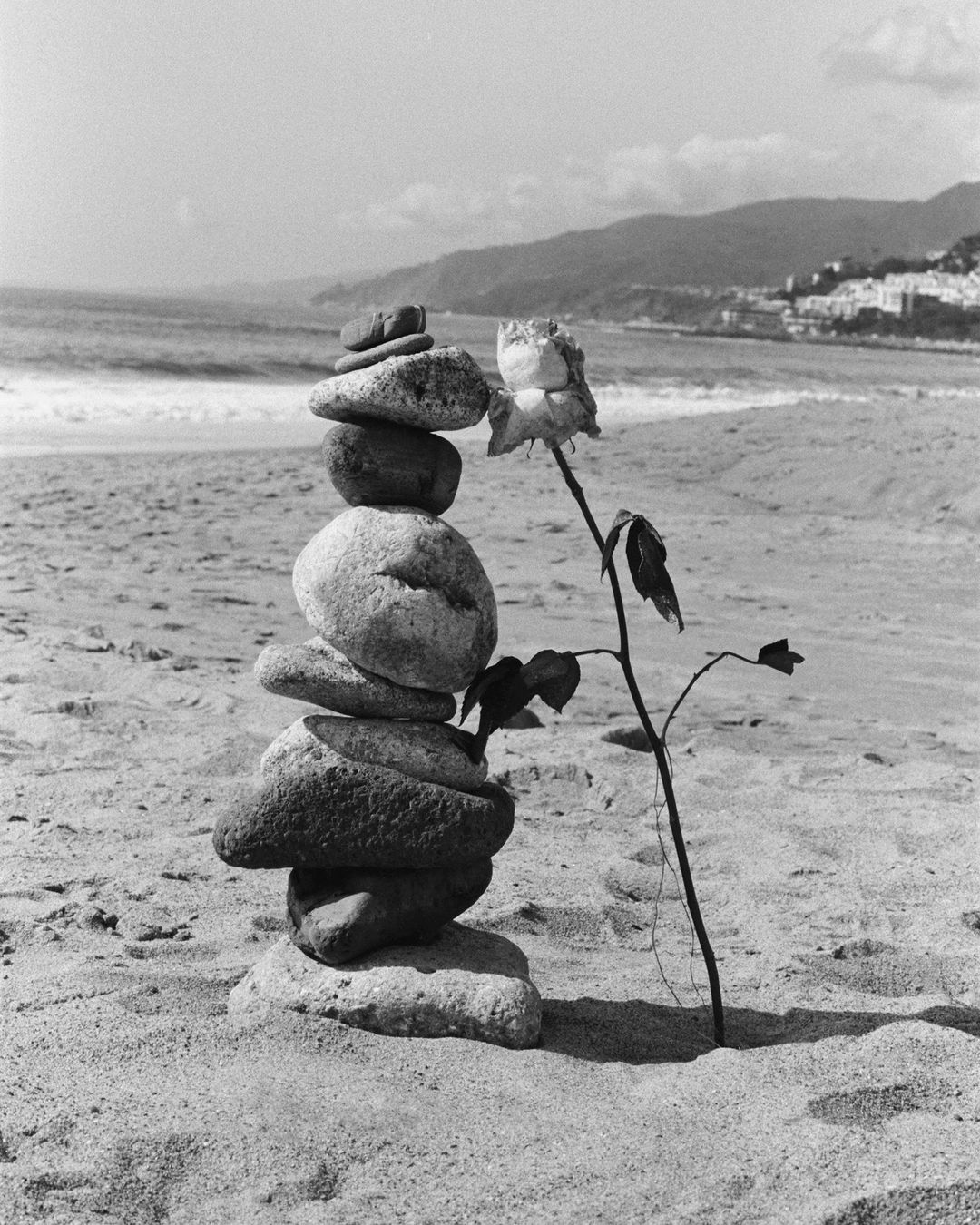 Monochrome shot of a stack of rocks and a rose on a sandy beach, with the ocean and distant hills visible in the background.
