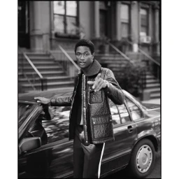 A young Black man wearing a textured jacket leaning against a parked car on a New York street in a black and white photograph.