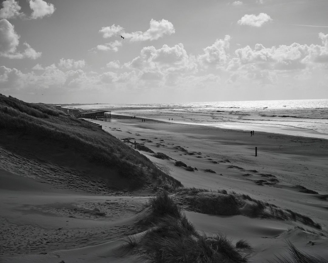Monochrome landscape of a beach with dunes, ocean waves, and a few people walking along the shore under a cloudy sky.