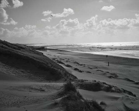 Monochrome landscape of a beach with dunes, ocean waves, and a few people walking along the shore under a cloudy sky.