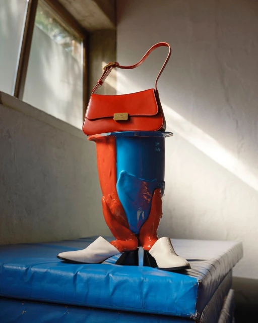 Still life studio shot of an orange leather handbag on a painted vase next to two white mules on a blue cushion.