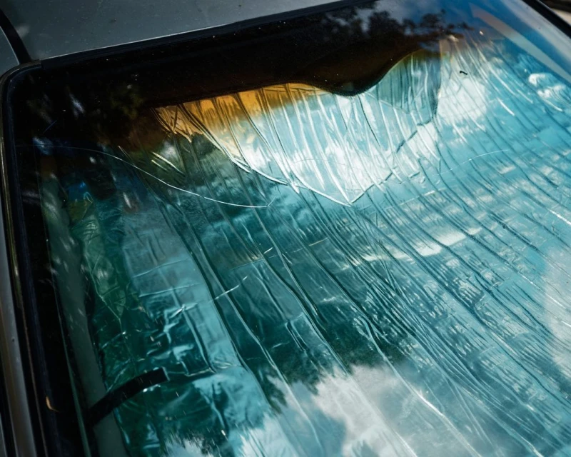 Close-up of a car windshield with a shattered glass texture, featuring cracks and damage, reflecting the outdoor environment.