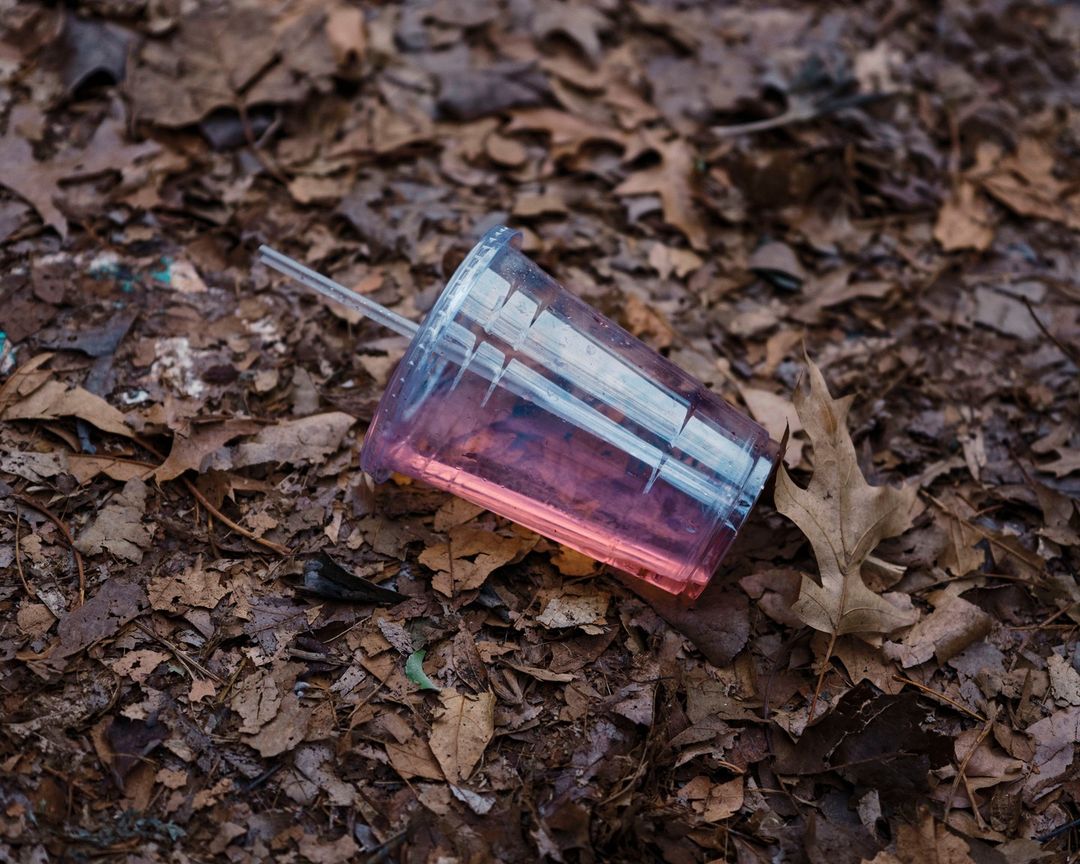 Discarded plastic cup with straw lies among fallen leaves on the ground, creating a scene of litter and environmental concern.