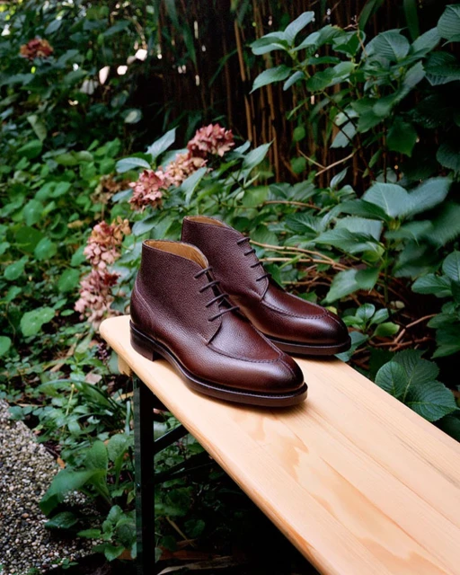 Elegant brown leather chukka boots displayed on a wooden bench outdoors, surrounded by lush green foliage and soft, natural lighting.