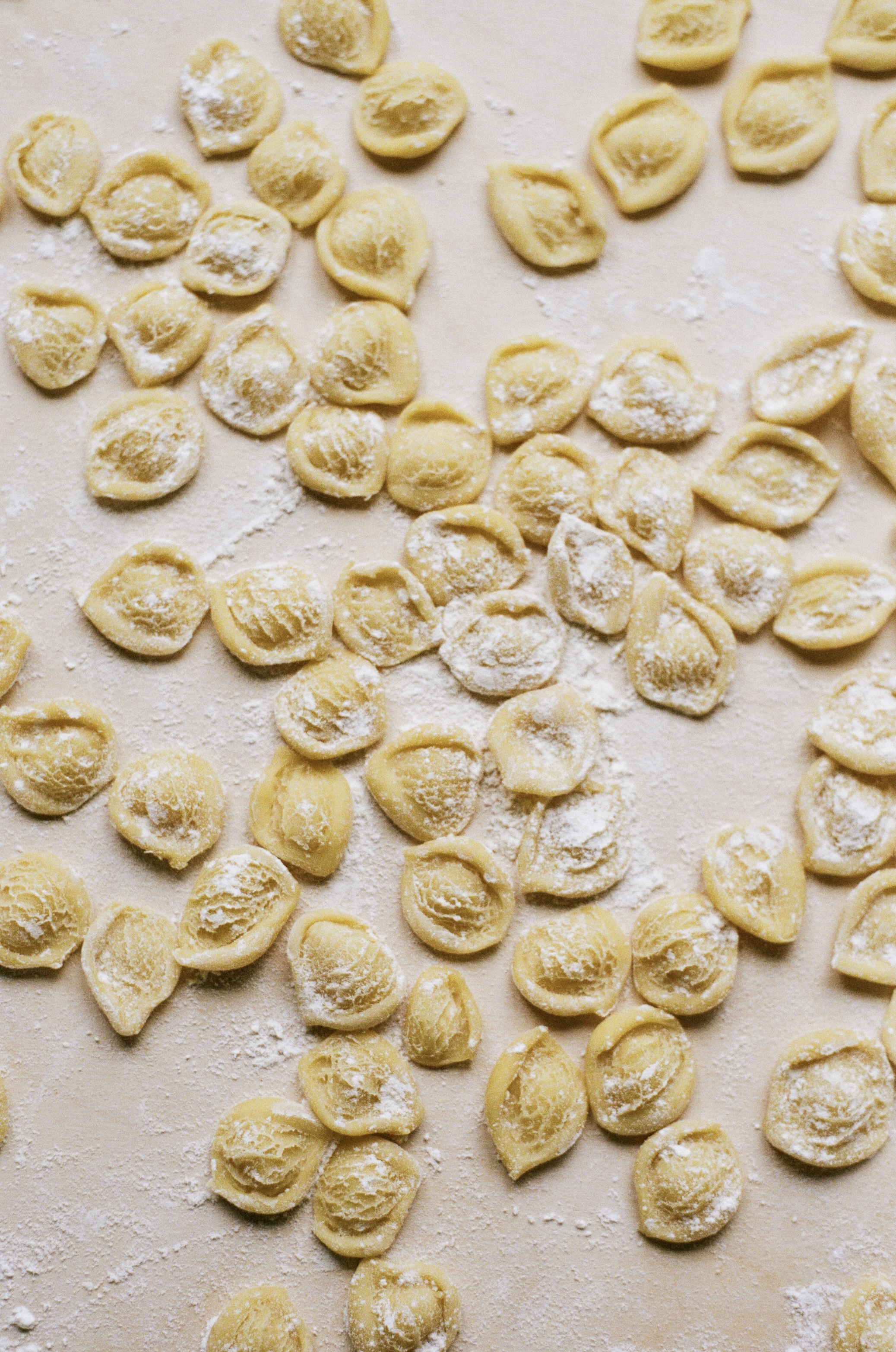 Overhead shot of uncooked orecchiette pasta scattered on a light surface, dusted with flour, in a natural, soft light setting.