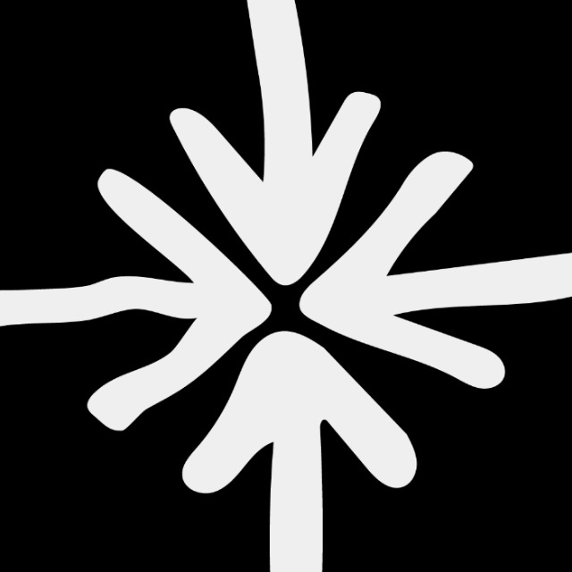 Abstract black and white graphic features stylized arrows converging toward a central point, creating a radial design.