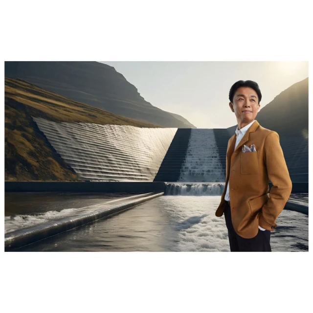 Asian man in a tan jacket stands near a stepped waterfall and dam landscape, blending nature and architecture in an outdoor environment.